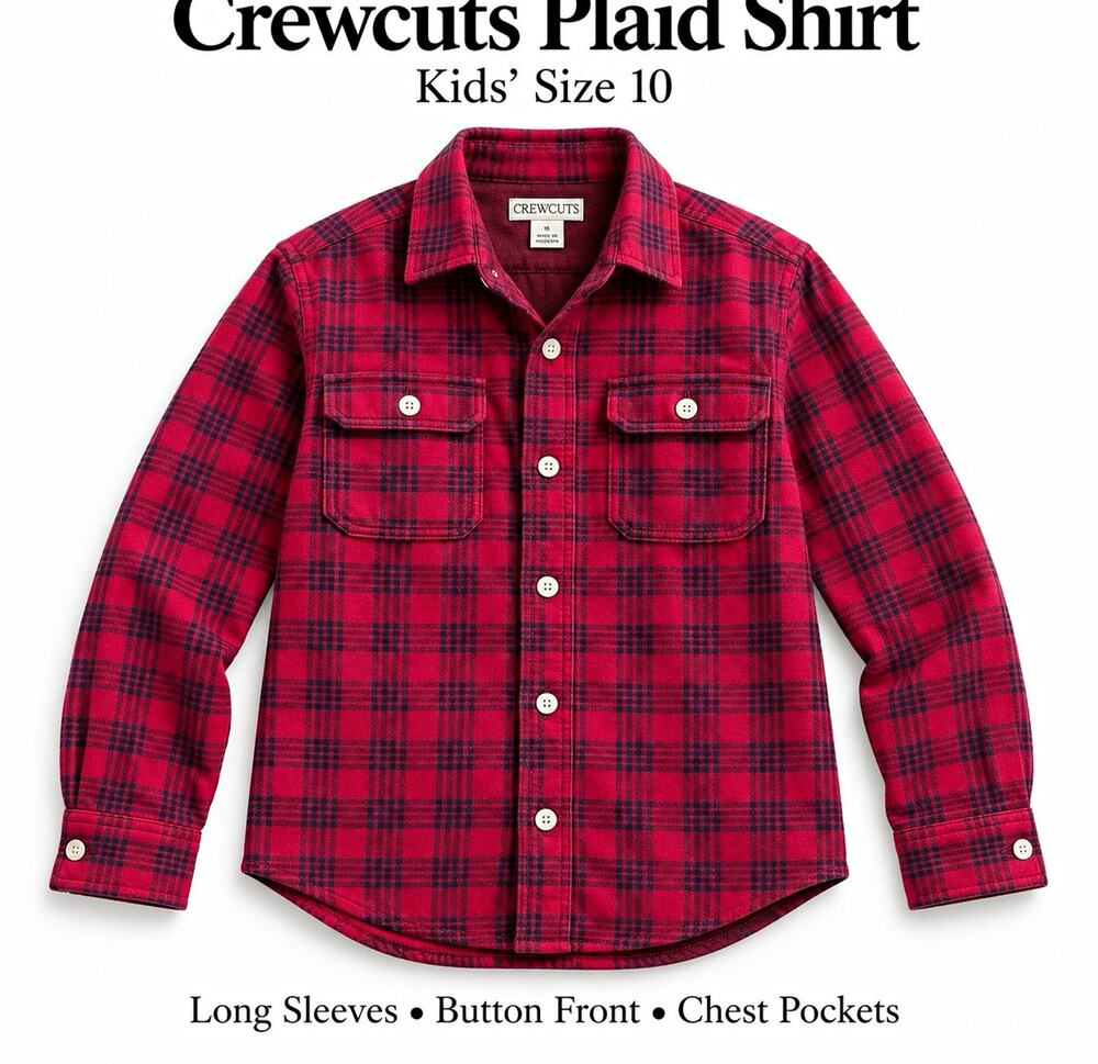 Crewcuts Boys Red/Black Plaid Long Sleeve Button-Up Shirt w/ Pockets Size 10